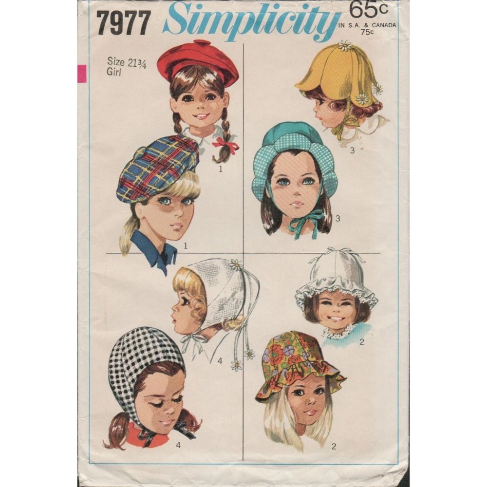 Simplicity 7977 Girls 1960s Sewing Pattern Hats Caps Flower Petal,  Beret, Tam